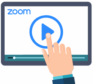 image of Zoom logo on a screen with finger pointing at it