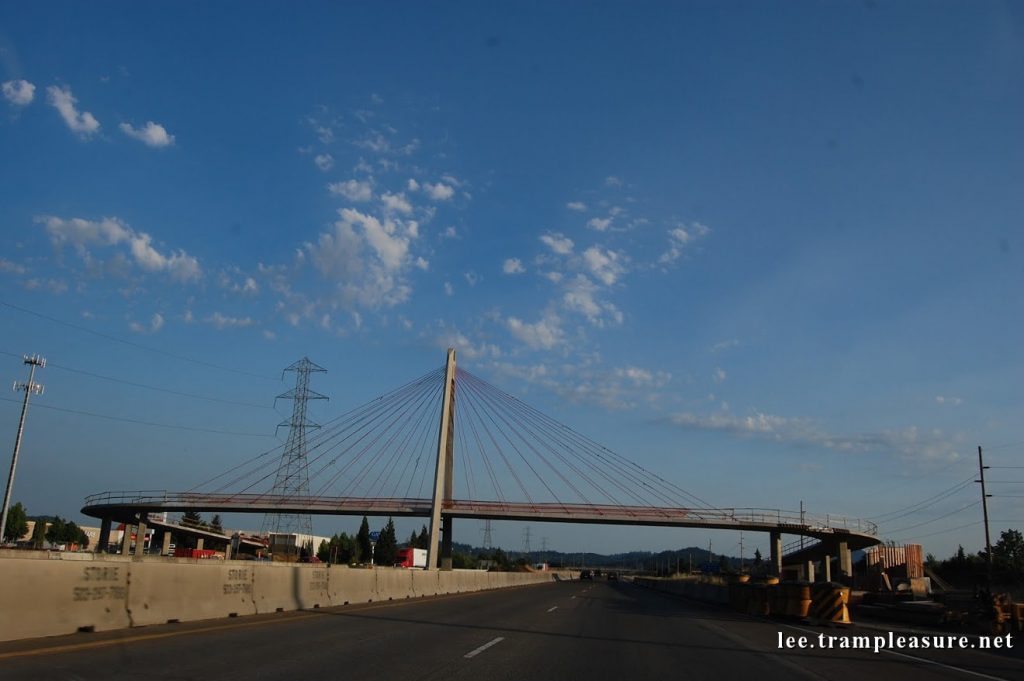 Pedestrian single tower bridge over freeway