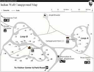 Map of Indian Well Campground, showing campsites, trails, and amenities.