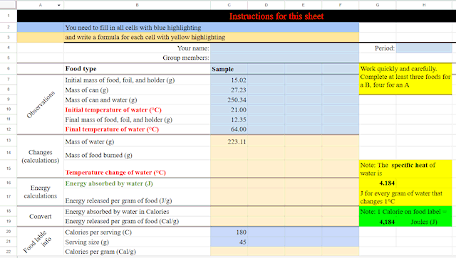 Screenshot of a spreadsheet for calculating energy in foods in a high school chemistry lab.